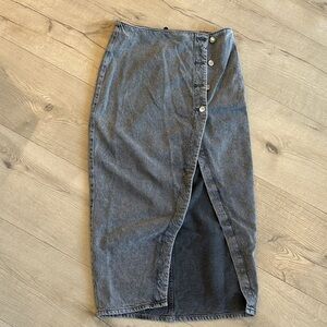 Zara Washed Gray Wrap-Front Denim Midi Skirt